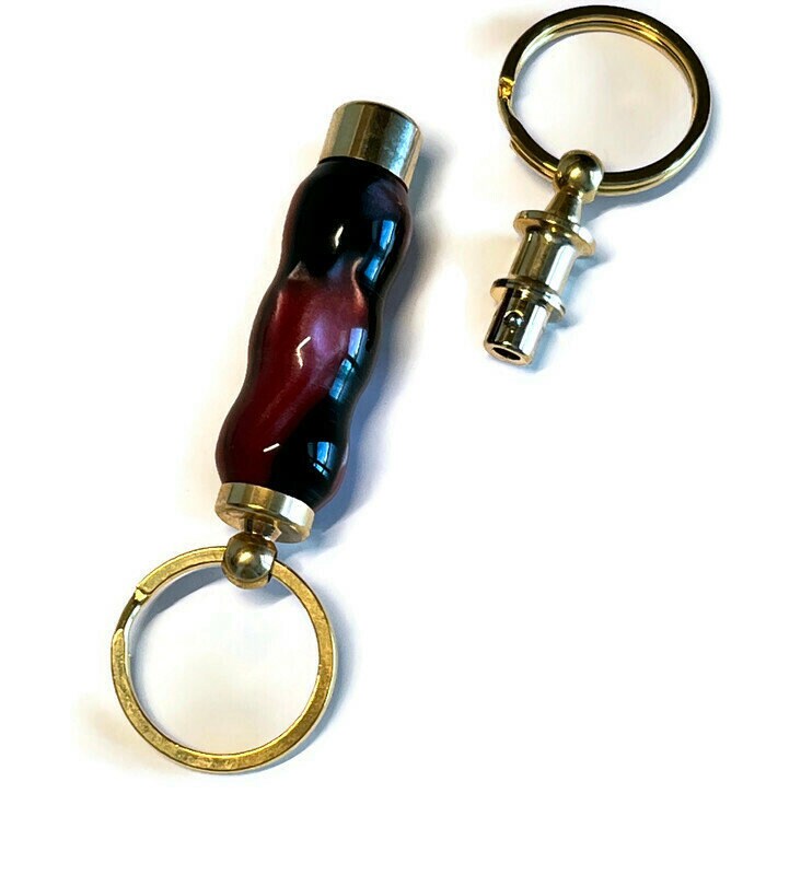 Red and Black Acrylic Keyring with Valet Key Pull Apart in Gold Tone Finish