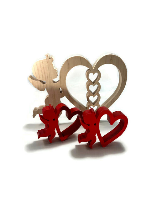 Handcrafted Valentines Day Hearts and Cupid Trivet and 2 Red Matching Napkin Rings Set