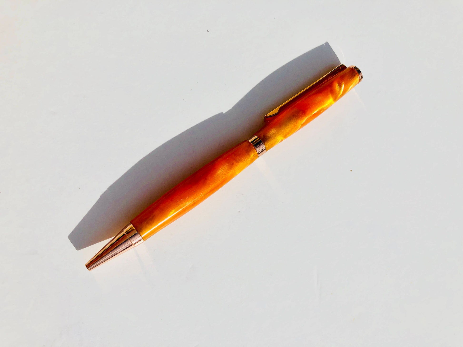 Pen Black Ink Medium Point Refillable Orange Acrylic Rose Gold Accents