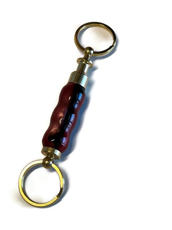 Red and Black Acrylic Keyring with Valet Key Pull Apart in Gold Tone Finish