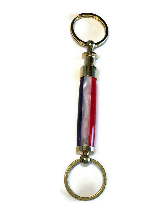 Red White Blue Acrylic Keyring with Valet Key Pull Apart in Gold Tone Finish